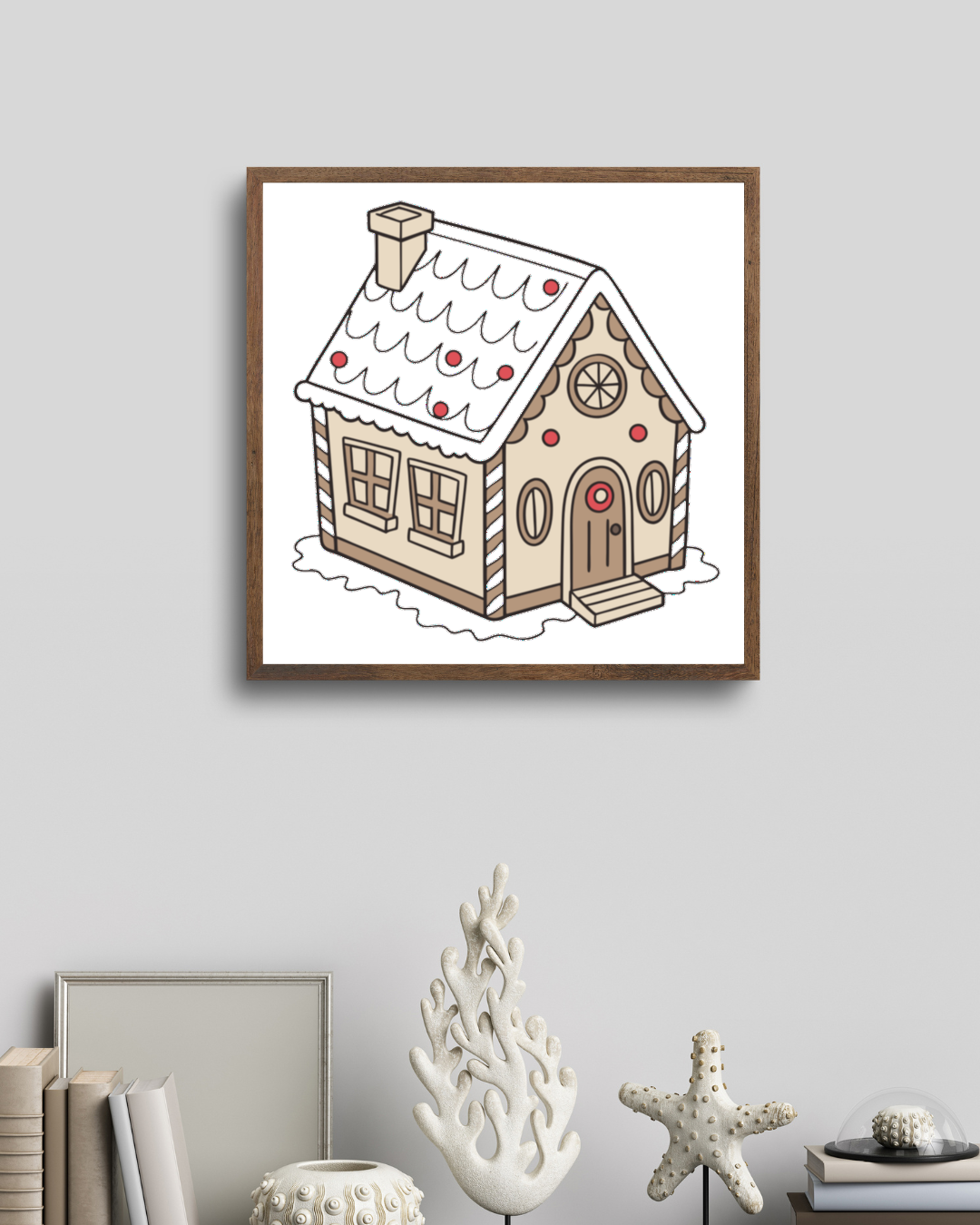 Cadre festif avec maison en pain d'épices enneigée en thème de Noël