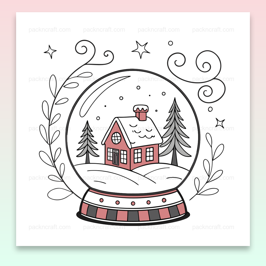 Illustration hivernale d'une maison enneigée dans un globe de neige, parfait pour décorations DIY.