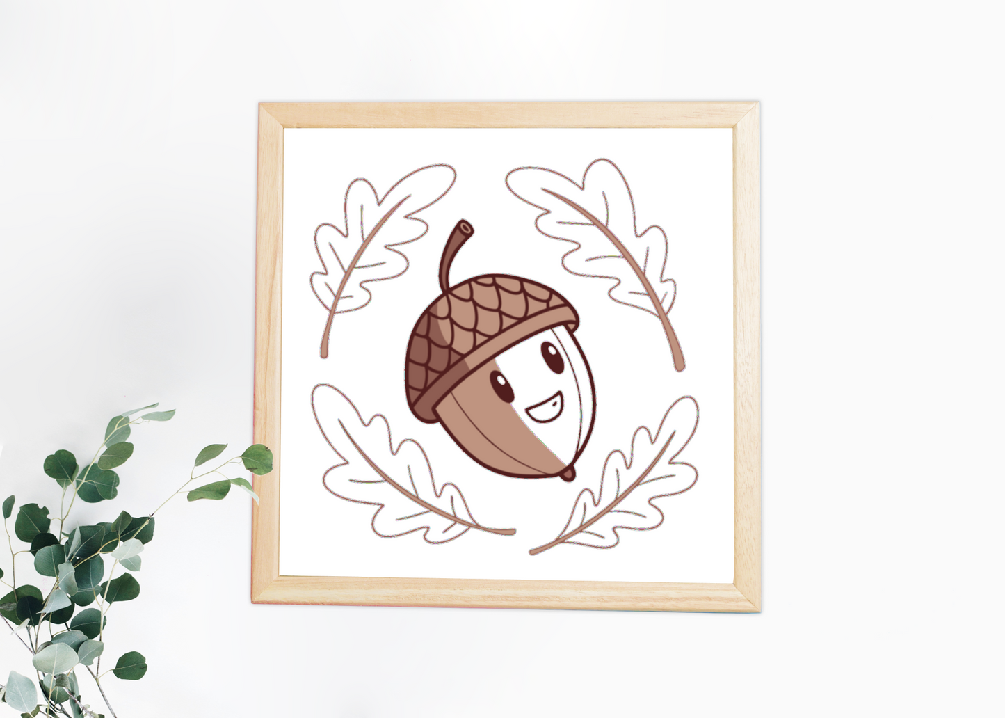 Cadre avec gland joyeux illustré en tons pastel, ambiance automnale, nature festive