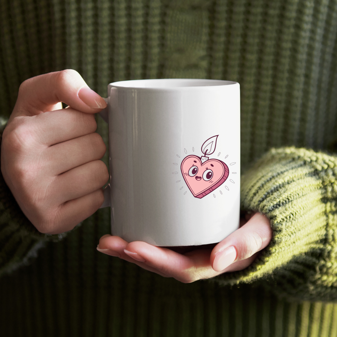 Cœur bougie kawaii sur tasse, design mignon pour café matinal.