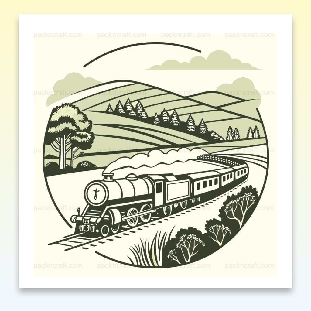 Illustration vintage de train dans un paysage rétro, idéal pour décoration.