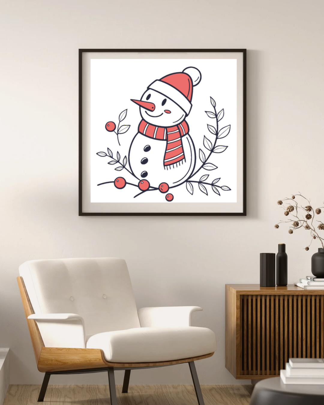 Cadre avec un bonhomme de neige joyeux dans un style festif, ambiance hivernale lumineuse