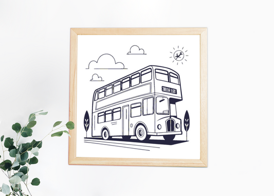 Cadre avec bus à impériale vintage monochrome pour passionnés de voyage rétro