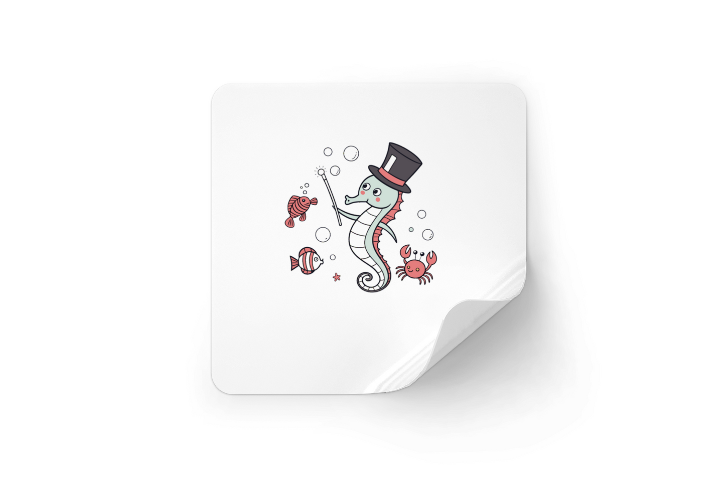 Sticker décoratif avec un hippocampe magicien dans un univers marin féerique