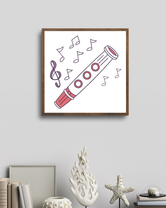 Cadre décoratif au style cartoon avec flûte enchantée dans un univers mélodieux