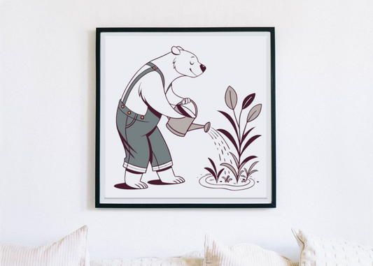 Cadre moderne avec ours minimaliste arrosant des plantes dans un jardin paisible