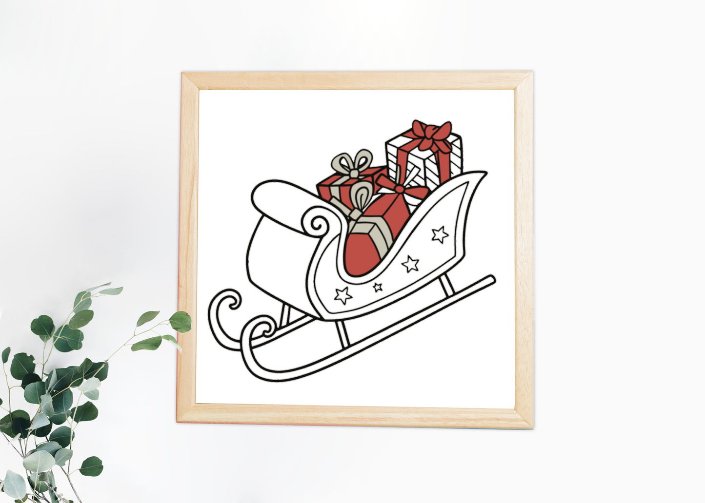 Cadre festif avec traîneau doodle chargé de cadeaux et ambiance magique de Noël