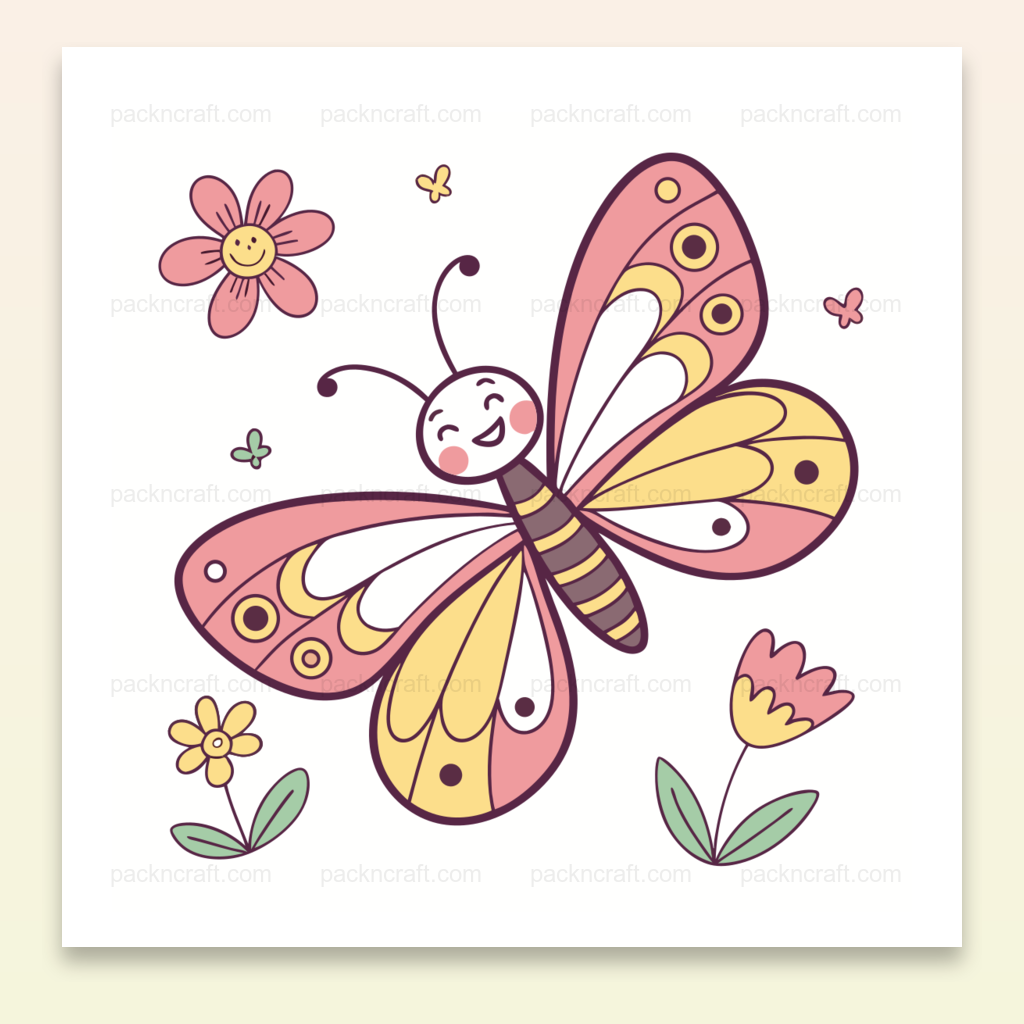 Illustration de papillon joyeux, style doodle printanier pour projets DIY.