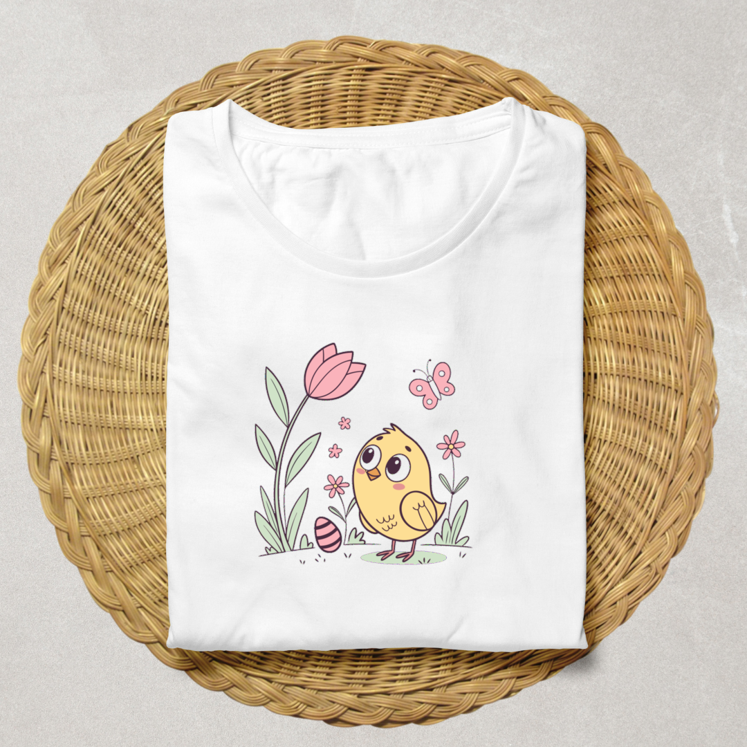 T-shirt illustré avec un poussin mignon et curieux dans des tons pastels printaniers