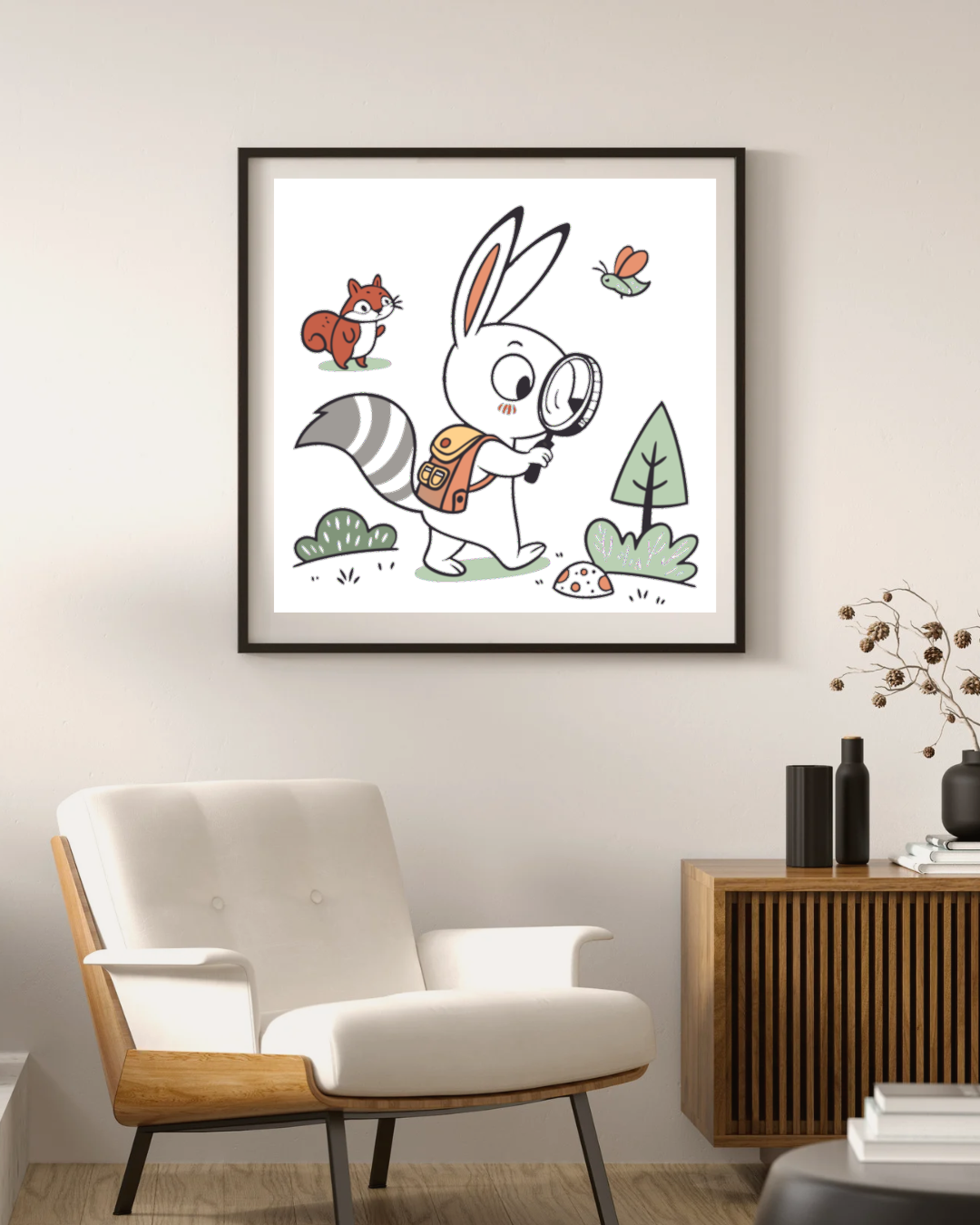 Cadre décoratif avec un lapin explorateur en quête d'aventure forestière