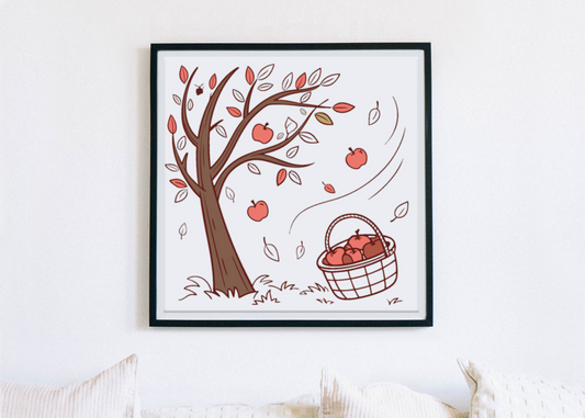Cadre au style bucolique arborant des pommes virevoltantes dessinées pour un décor automnal