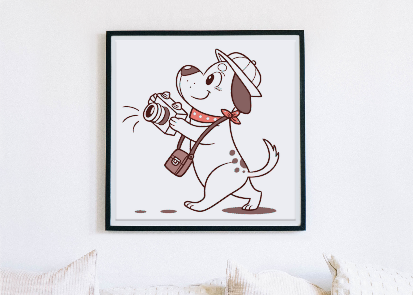 Cadre chic avec chien explorateur vintage, appareil photo en main, style aventure