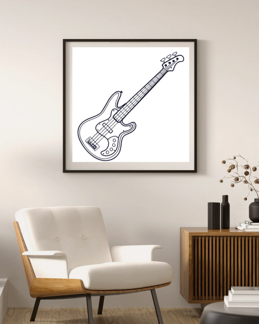 Cadre avec dessin de guitare basse vintage sur thème musical rétro