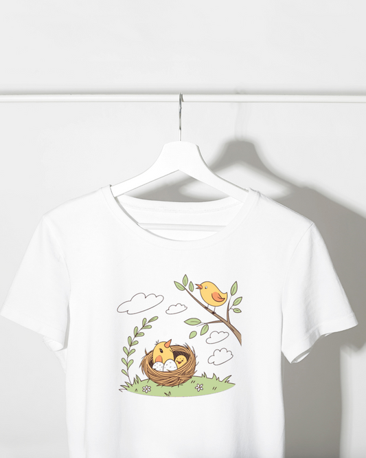T-shirt avec motif florissant d'oiseau chantant pour une touche printanière élégante