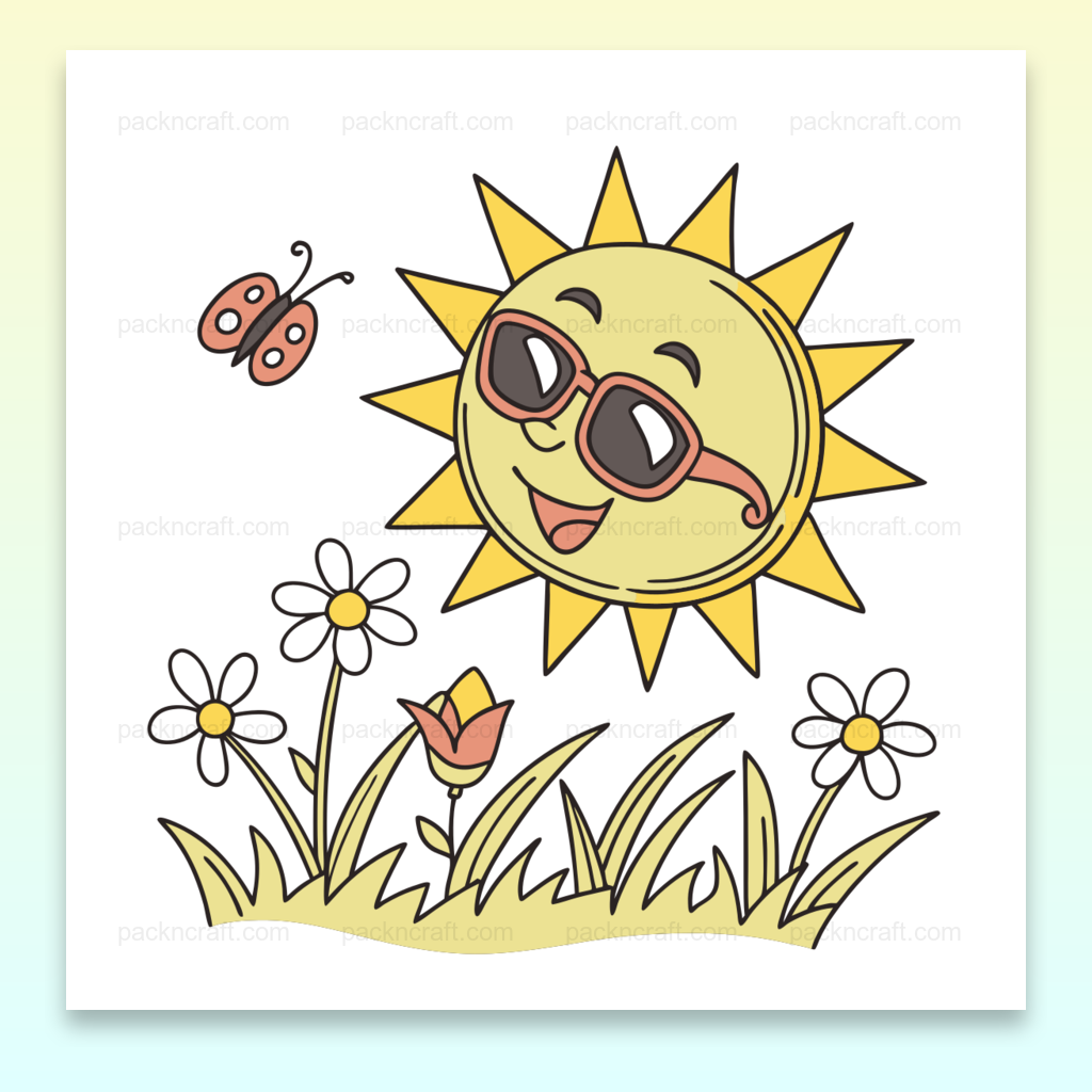 Illustration d'un soleil souriant avec lunettes de soleil dans un style cartoon, idéale pour DIY et déco printanière.
