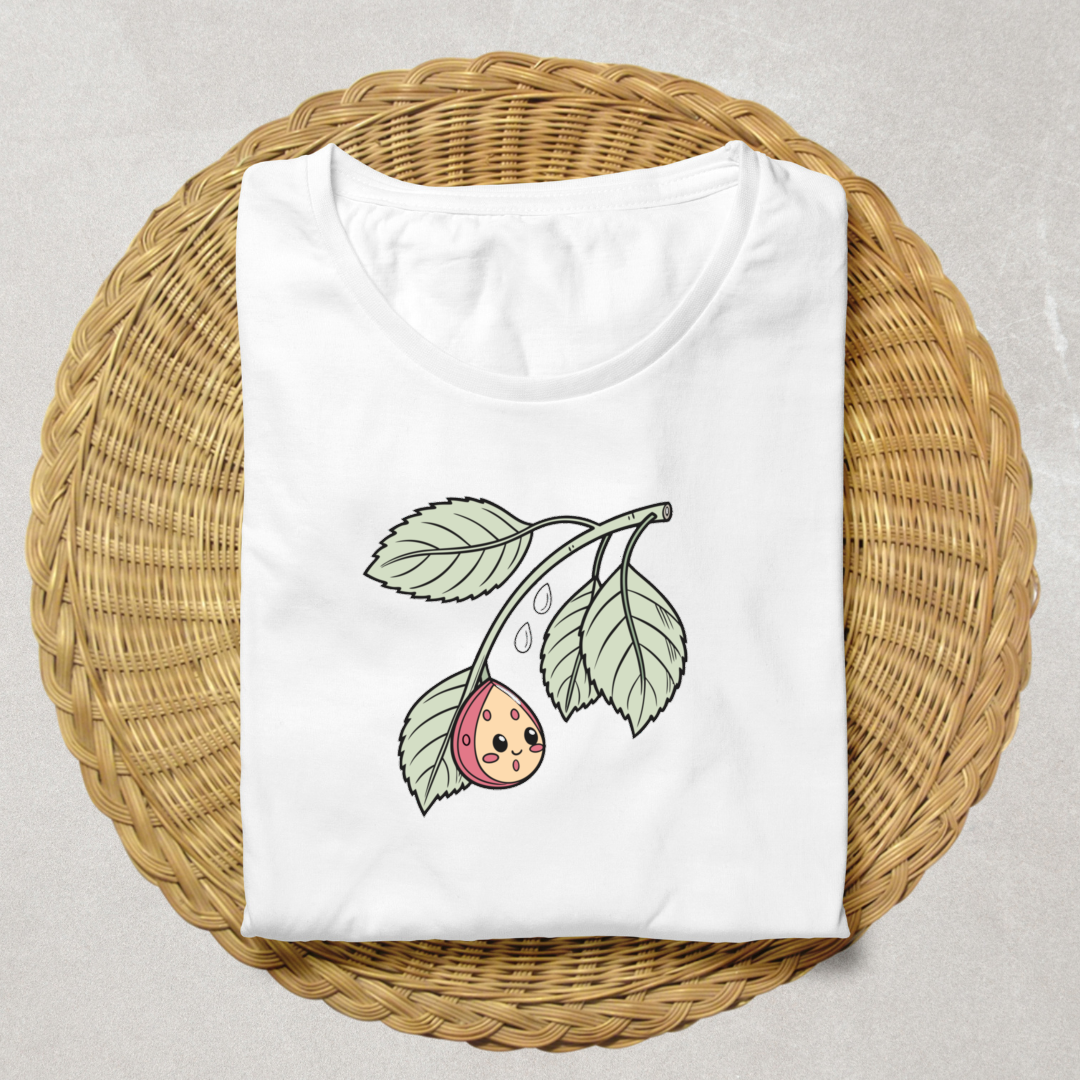T-shirt avec design nature ludique et joyeux une goutte souriante sous une feuille