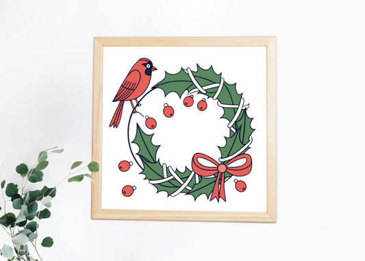 Cadre décoratif avec cardinal festif sur couronne dans un style de Noël raffiné