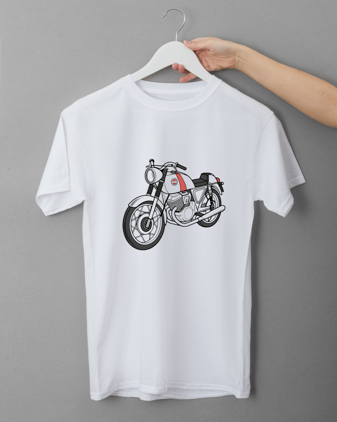 SVG de moto classique sur t-shirt, idéal pour les amateurs de véhicules vintage.