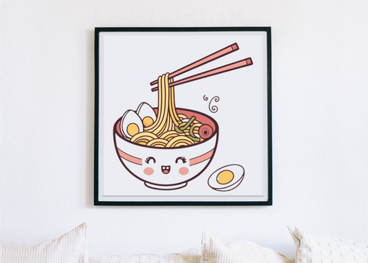 Cadre avec un bol kawaii souriant, parfait pour une touche cuisine tendance