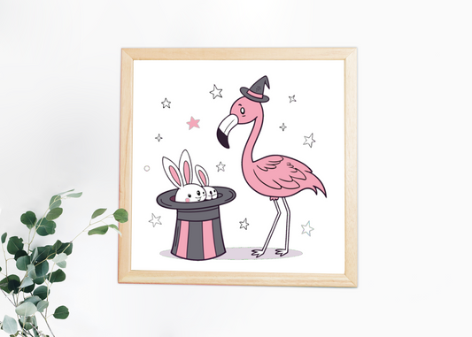 Cadre fantaisie pastel avec un flamant magicien et des lapins cachés