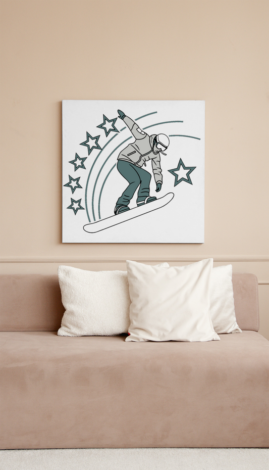 Cadre décoratif avec motif de snowboardeur dynamique en style dessin sportif hivernal
