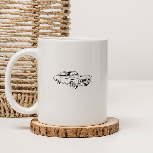 Pontiac GTO 1967 sur mug, parfait pour les amateurs de voitures classiques.