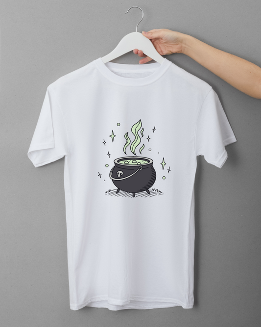 T-shirt orné d'une icône de chaudron magique style Halloween avec fumée élégante
