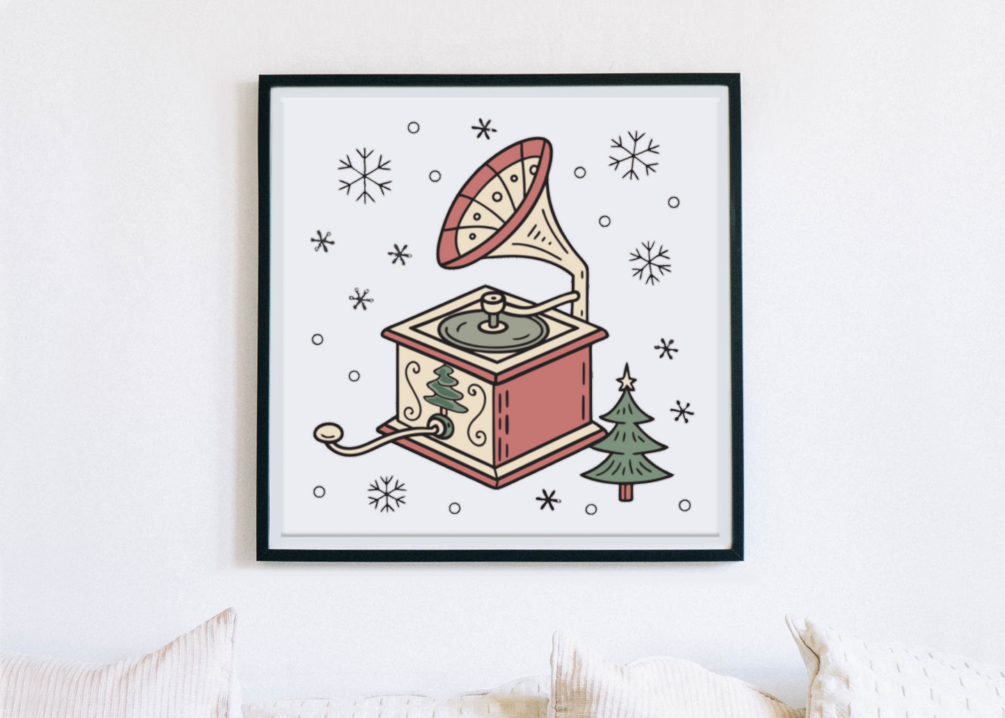 Cadre élégant montrant un phonographe festif dans un style kawaii chaleureux et hivernal
