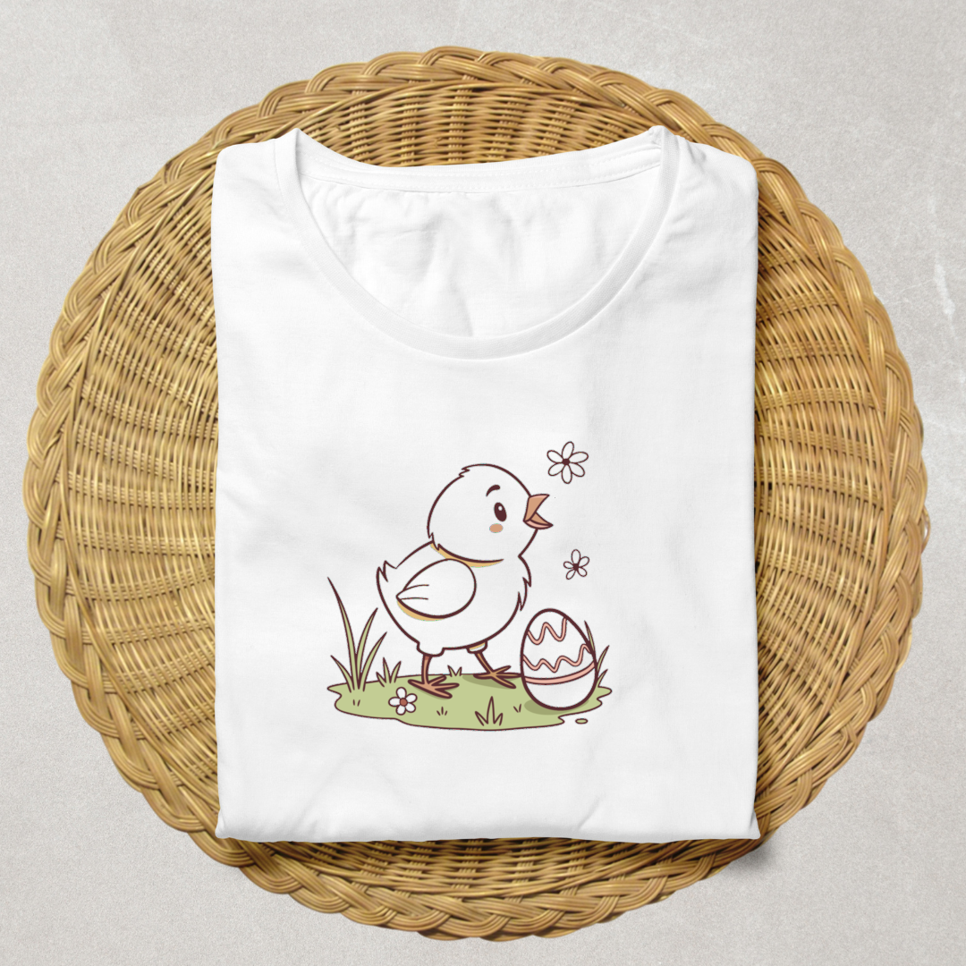 T-shirt avec un poussin kawaii intrigué sortant d'un œuf de Pâques coloré
