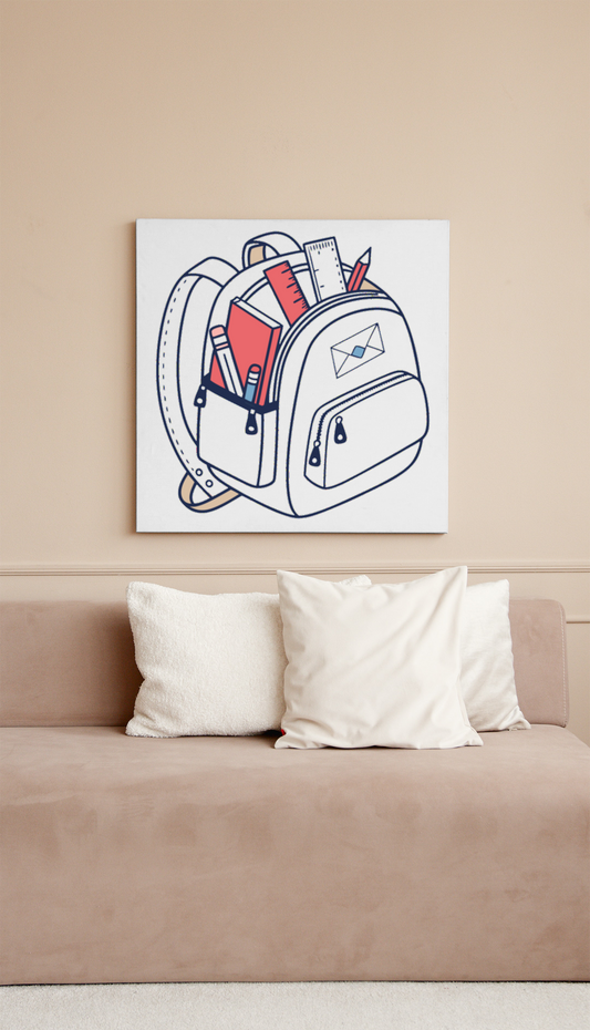 Cadre pastel stylisé avec un cartable rempli de fournitures scolaires