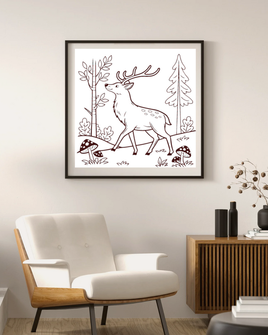 Cadre orné d'un dessin vectoriel élégant de cerf en forêt enchantée