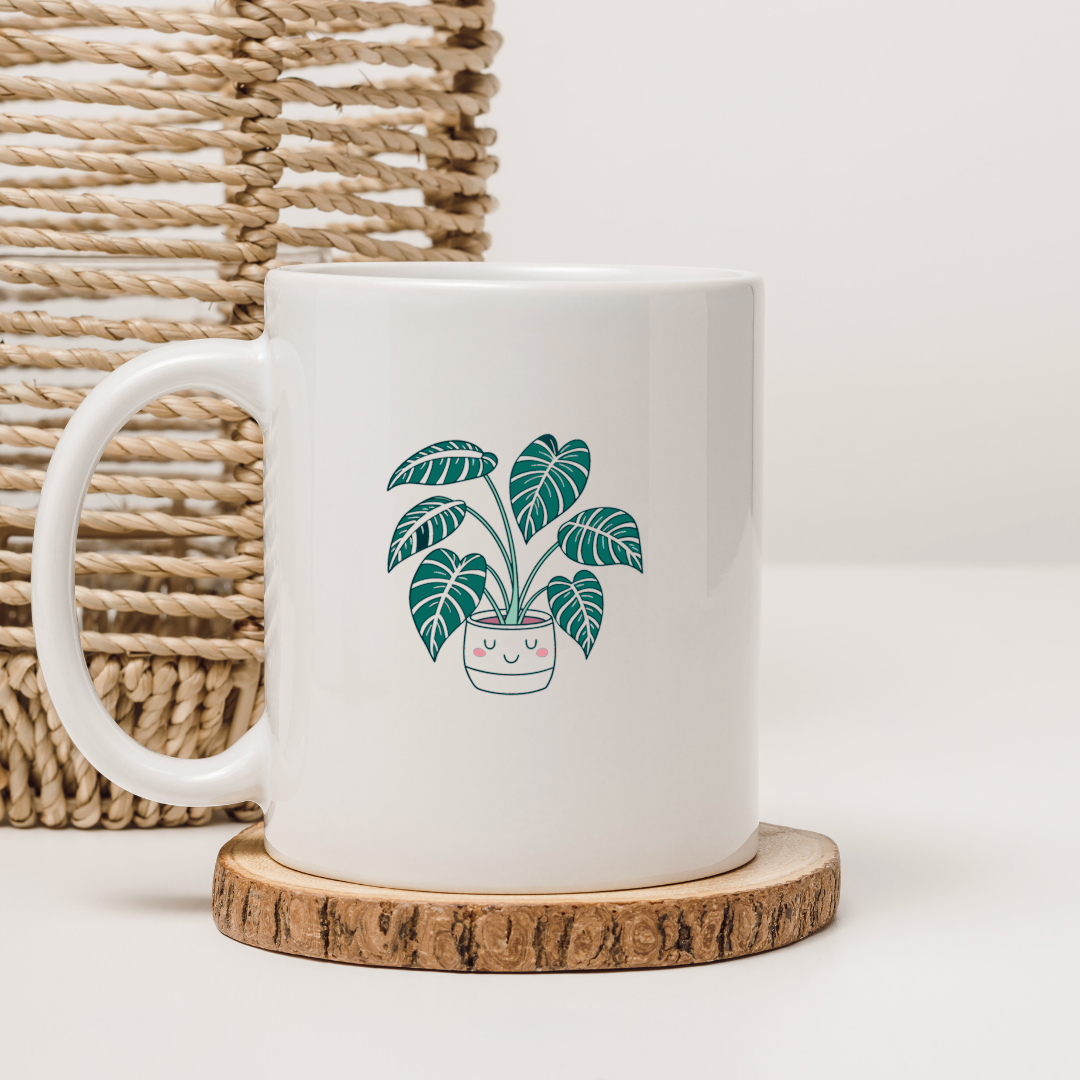 Mug avec illustration cartoon de plante souriante dans pot mignon style naturel