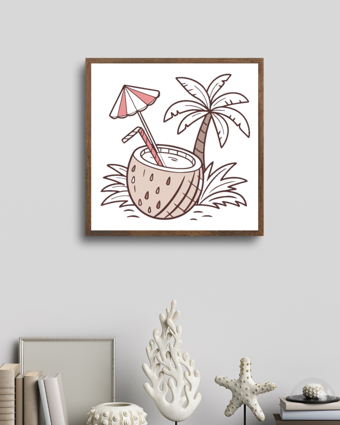 Cadre avec une icône digitale minimaliste d'un coco évoquant l'évasion estivale
