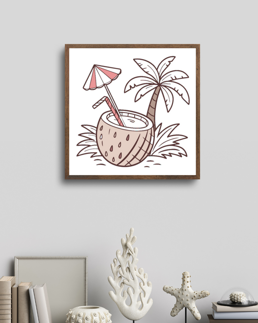 Cadre avec une icône digitale minimaliste d'un coco évoquant l'évasion estivale