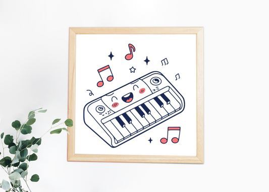 Cadre avec un dessin vectoriel joyeux d'un clavier souriant en concert