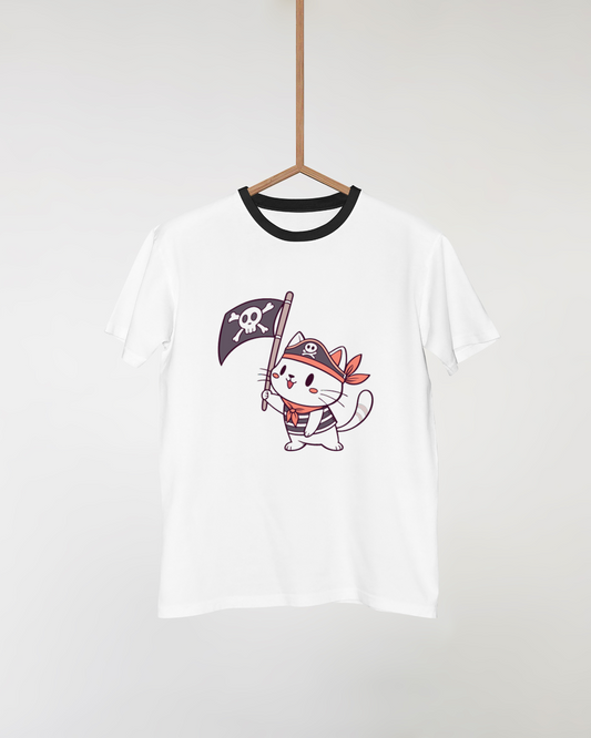 T-shirt avec un chat pirate kawaii sur fond marin ludique et stylé