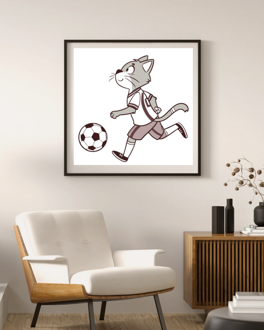 Cadre décoratif avec chat footballeur amusant en style cartoon dynamique