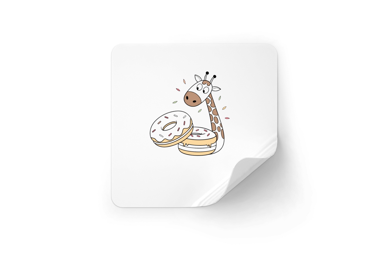 Sticker avec girafe festive croque des donuts dans un style ligné et ludique