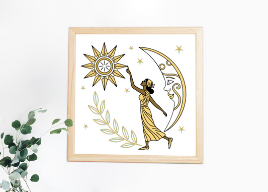 Cadre décoratif élégant montrant une déesse étoilée au clair de lune mystique
