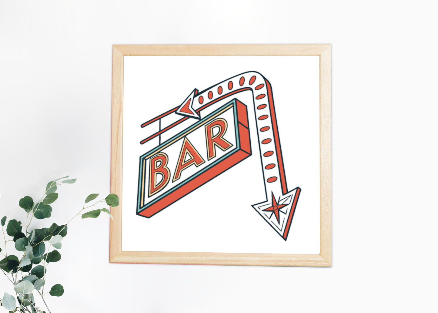 Cadre décoratif montrant l'enseigne bar néon, parfait pour ambiance vintage.