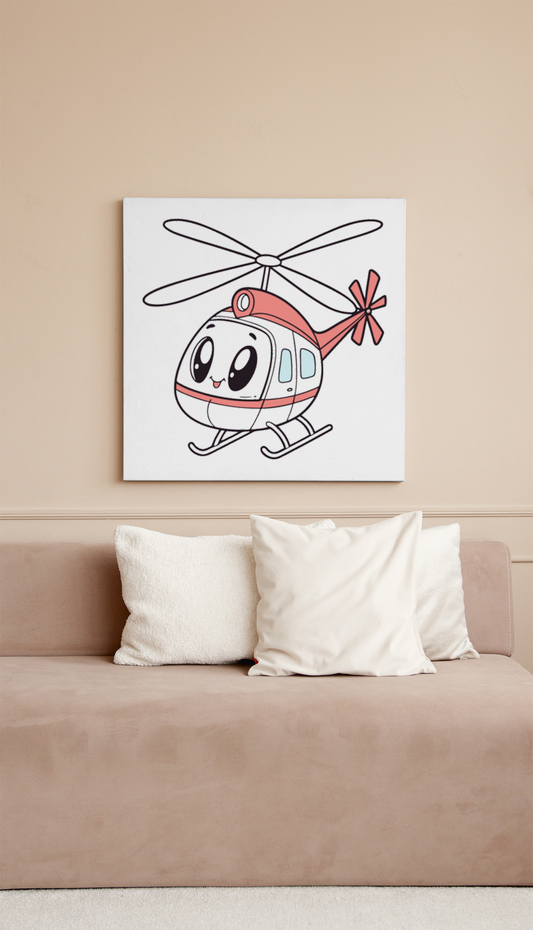 Cadre avec hélicoptère souriant et design kawaï, parfait pour un décor aérien
