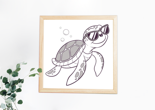 Cadre décoratif avec tortue funky en lunettes dans une ambiance aventure aquatique