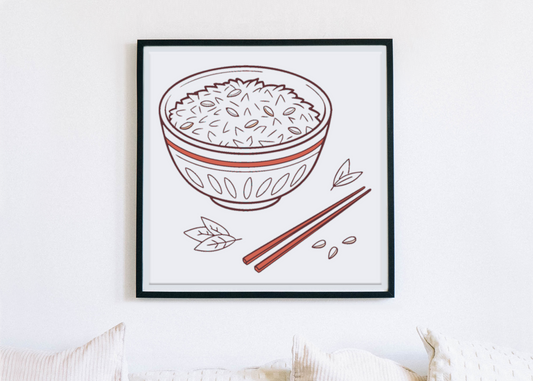 Cadre minimaliste avec motif zen de bol de riz pour une cuisine apaisante