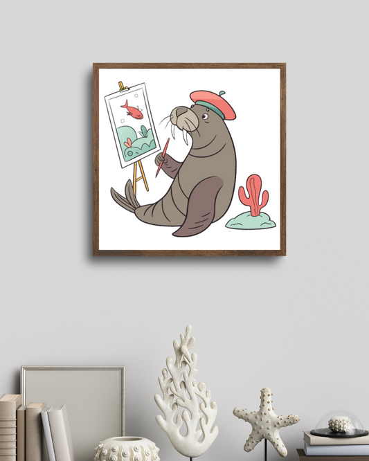 Cadre artistique, décor marin pastel avec un morse stylisé en train de peindre