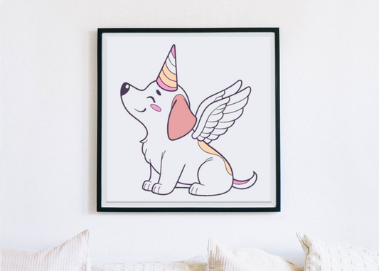 Cadre avec chiot licorne ailé style kawaii pour déco enfantine fantaisie