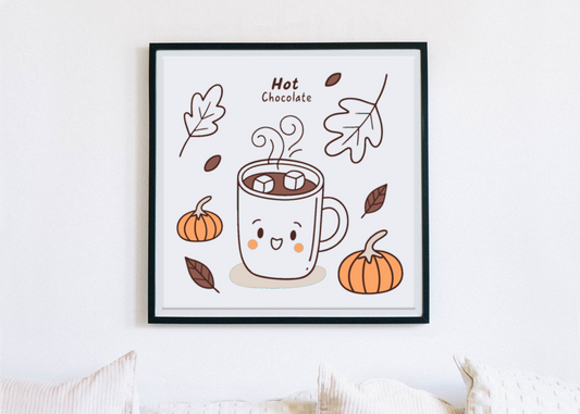 Cadre avec motif kawaii automnal de chocolat chaud stylisé, ambiance douce et joyeuse