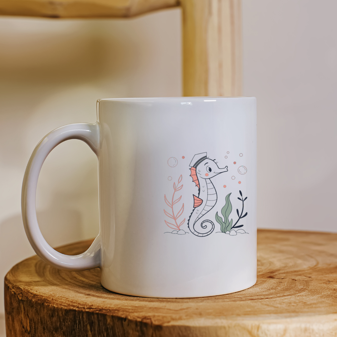 Mug pastel avec hippocampe style marin, parfait pour une aventure océanique