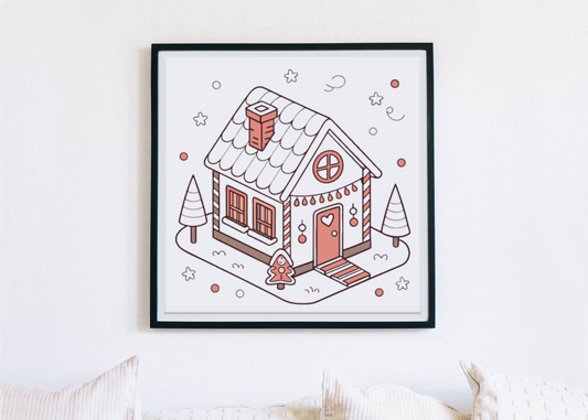 Cadre avec maison en pain d'épice pastel pour un Noël enchanteur et féérique