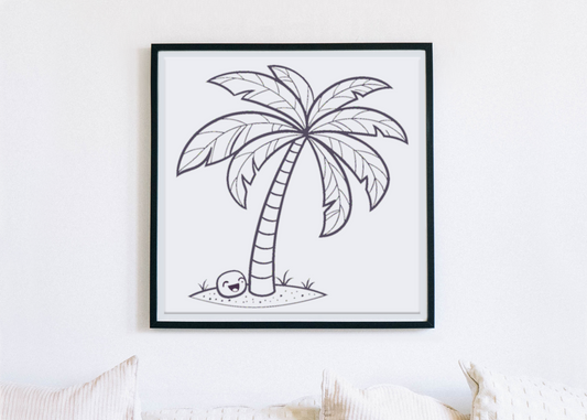 Cadre avec palmier minimaliste évoquant un style tropical et joyeux