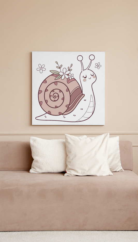Cadre apaisant montrant un escargot fleuri dans des tons pastel doux
